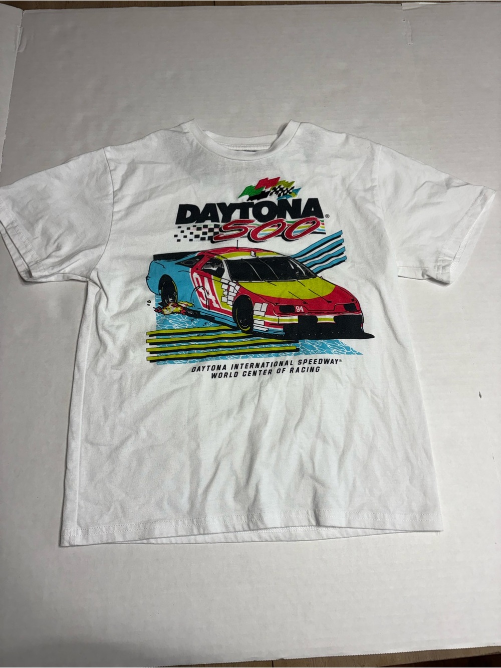 Nascar White Daytona 500 Kids Tee with Red Yellow Blue Race Car